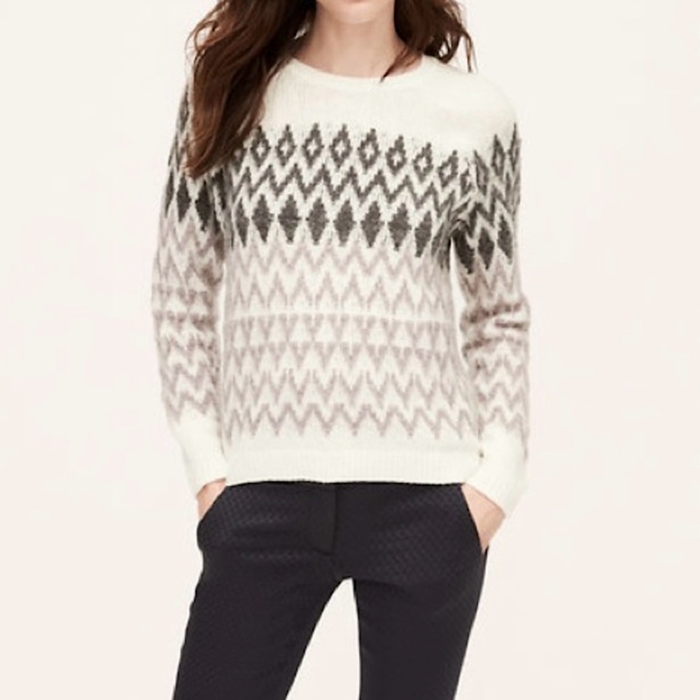 NWT Ann Taylor Loft Wool Mohair Brushed Fair Isle Sweater White Black Grey Small